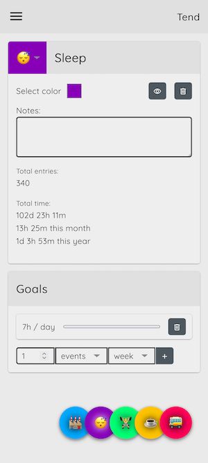 A screenshot of Tend. A category page for the “Sleep” category. It shows options to chnge the color, name and emoji belonging to the category, as well as add notes. It lists the total time tracked on sleep overall, this month and this year. There is also an option to add a personal goal by setting an amount of events per week. The configured goal is 7 hours per day. The bottom shows a list of buttons belonging to the events.