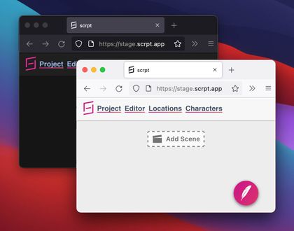 A screenshot of 'Scrpt', a web app. Two browser windows. The browser window in the back has dark mode activated. The browser UI is darkened and the white favicon is clearly visible against the dark grey background. The browser window in the front has light mode activated. The favicon is black and stands out against the white background.