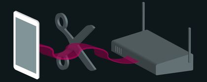 A phone and a router being connected by a WiFi tether, which is about to be severed by a scissor