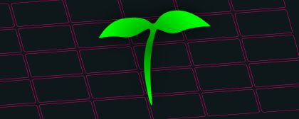 A very stylized illustration of a green twig hovering above a pink rectangular grid on blue background