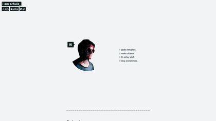 A screenshot of this website in 2020. A white laxout with a black boxed  floating navigation in the top left corner, and a stylized portrait in the center, next to a greeting text: 'Hi! I code websites. I make videos. I do artsy stuff. I blog sometimes.'