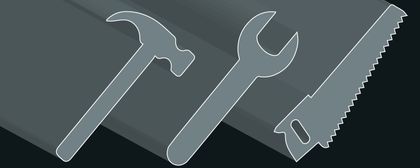 Icons of a hammer, wrench and saw next to each other, extruded out