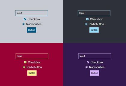 Four screenshots of the same input elements in different themes. The input elements are a Textinput field with the value 'input', a checkbox labeled 'Checkbox', a radiobutton labeled 'radiobutton', and a button labeled 'button'. The top-left screenshot is themed dark blue accents with black text on a light grey background. The top-right one is light blue accents with white text on a dark grey background. The bottom-left one is bright yellow accents and white text on a red background. The bottom-right one is bright pink accents with white text on a dark purple background.