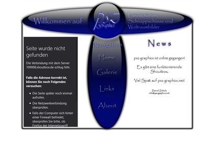 A screenshot of psz-graphics in 2004. The header is a dark blue oval shape that welcomes the user. The main navigation is a vertical dark blue oval in the center of the page, with content areas left and right of it. All the typography is hideous.