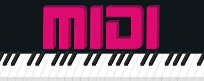 A very big MIDI logo hovering over some piano keys, stylized as an isometric vector image
