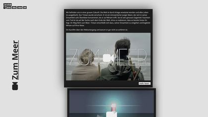 A screenshot of this website in 2016. It features a similar floating navigation. It functions as a blog article listing, teasing the article 'Zum Meer'. Teasers are black boxes with white text and cover images, randomly offset to the grid by small distances.