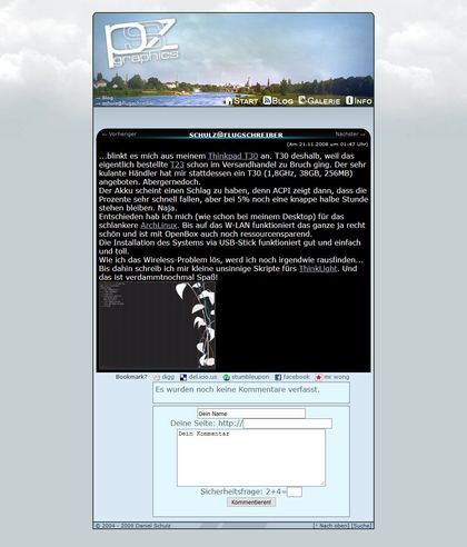 The blog article page looks similar to the index page, but the content area is contained by a black box. There are sharing options and a comment form beneath it.