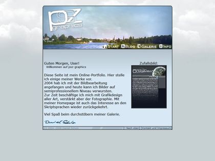 A screenshot of this website in 2008. It was called 'psz-graphics' back then. It's an enclosed, light blue layout with a large header showing a river panorama and the navigation bar. The content area is filled by an introductory text and a randomly chosen picture from the gallery.