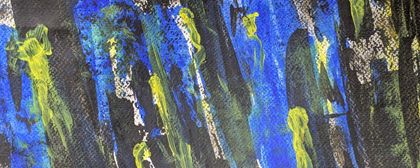 Yellow streaks run along a black-and-blue background, giving the impression of blurred-out lights through a teary gaze. Acryl on canvas.