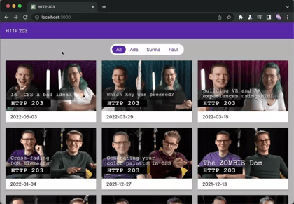 Screen capture of a mock website. The first page lists a bunch of videos. When the user clicks it, the thumbnail morphs into the video player, the content area appears to be physically attached to it and a side bar with related videos slides into view. Further navigations switch out the video player and content area for different ones.