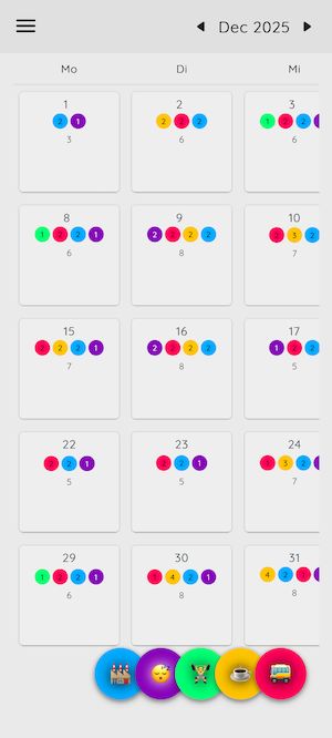 A Screenshot of Tend. It shows the monthly overview for December 2025. It’s a grid-like calendar view with each day showing colorful dots that indicate tracked events. The bottom shows a list of buttons belonging to the events.