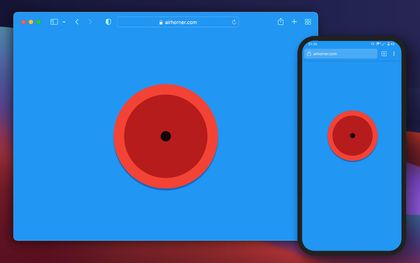 A screenshot of airhorner.com, a website featuring a large red circular graphic on a uniformly blue background. The screenshot is presented on the redesigned Safari Tech Preview and in an Android Smartphone. Both browsers feature a blue-tinted UI, seamlessly integrating the website into the browser.