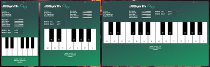 The JSSSynth UI in three different viewport sizes. The left-hand one shows one octave and vertically stack controls. The middle one shows one active with horizontally stacked controls. It’s keys are labeled with keyboard shortcuts. The right-hand one is the same, but wider and showing two octaves.