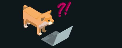 Isometric image of a confused shibe dog sitting in front of a laptop, wondering what to do