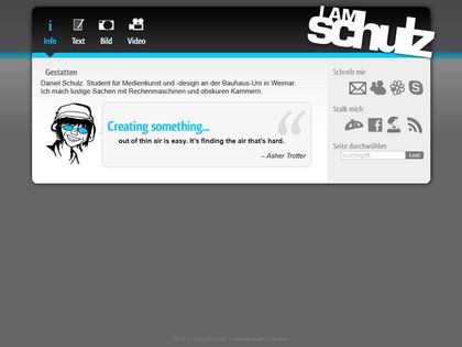 A screenshot of this website in 2011. It's an enclosed design with a black header with navigation icons and text, and the logo. Beneath that is a blue divider line and the white content area. It features an introductory text, an inspirational quote and contact options in a side panel.