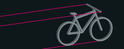 A simplified vector illustration of a bicycle. Its motion is highlighted by pink lines along the tips of the bars and the track of its wheels.