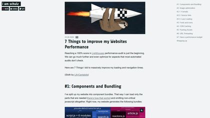 A screenshot of this website's blog article in 2020. It begins the article '7 things to improve my websites performance' and shows the cover image, a cartoon sloth riding a rocket.