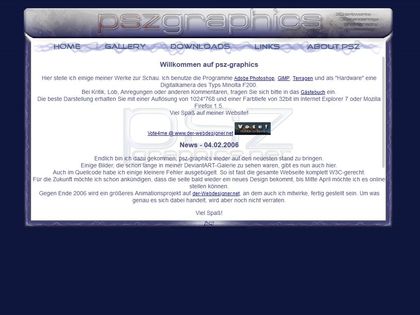 A screenshot of psz-graphics in 2006. It's a white container on a blue background with a 3d-glass-effect header and borders. The main navigation and borders are decorated with swirly ornaments.