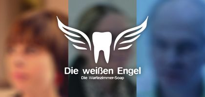 Ein geflügelter Zahn über drei eingefärbten Aufnahmen der Miniserie